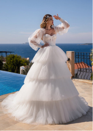 Ivory Lace Pleated Tulle Tiered Wedding Dress